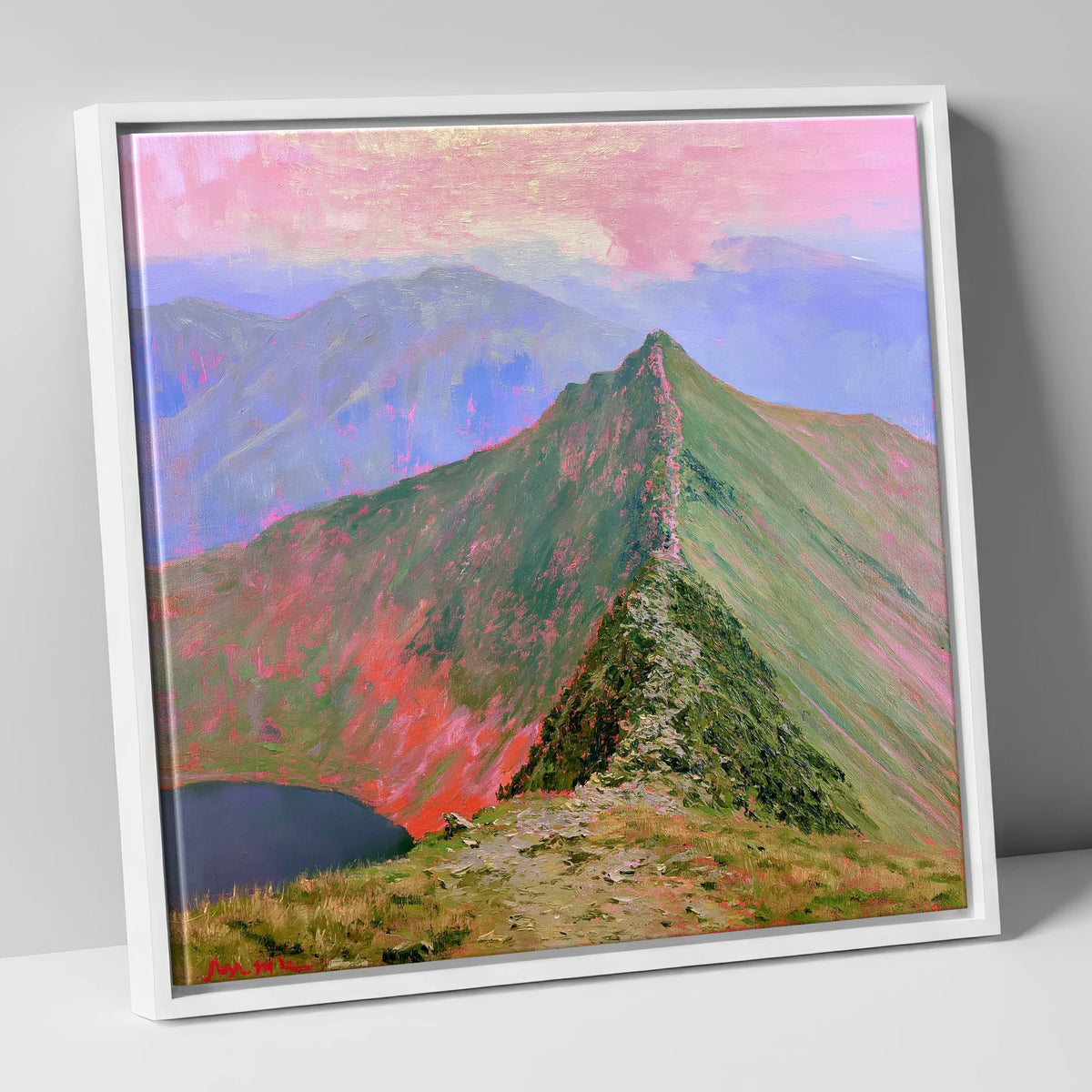 Striding Edge Beneath a Pink Sky lake district walking canvas wall art in white frame