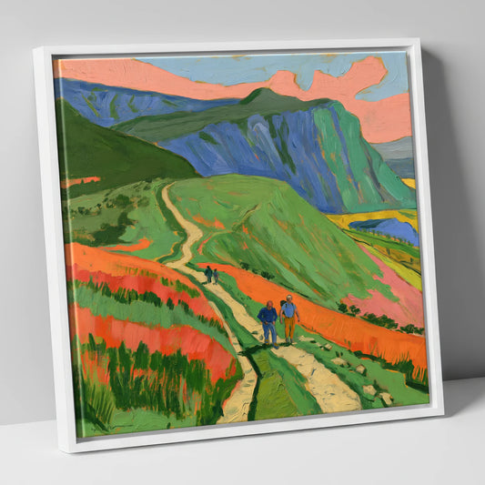 Vivid Mountain Path Walkers lake district walking canvas wall art in white frame