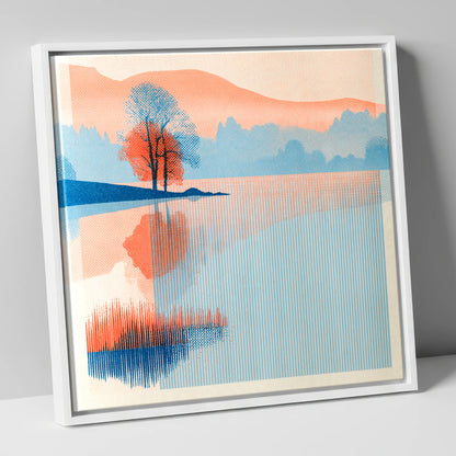 Modern Coral Lake Dawn lake district lake canvas wall art in white frame
