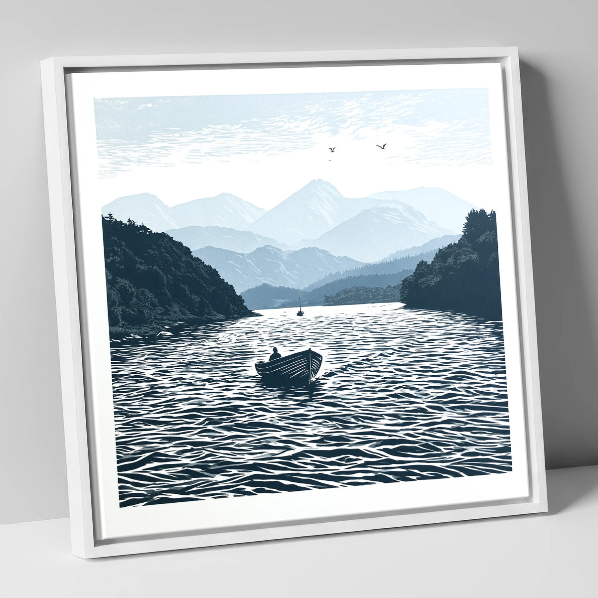 Coniston Water in Deep Navy lake district lake canvas wall art in white frame