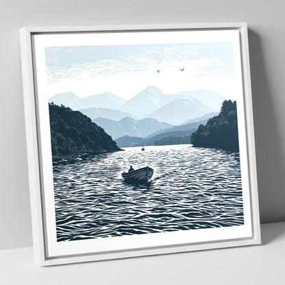 Coniston Water in Deep Navy lake district lake canvas wall art in white frame