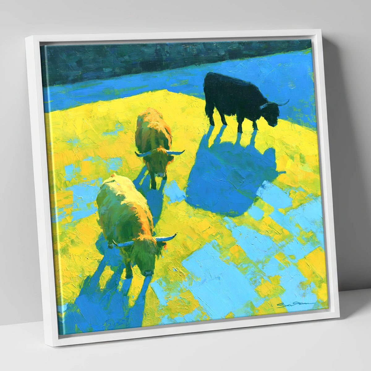 Vibrant Highland Cattle in Summer Light lake district wildlife canvas wall art in white frame