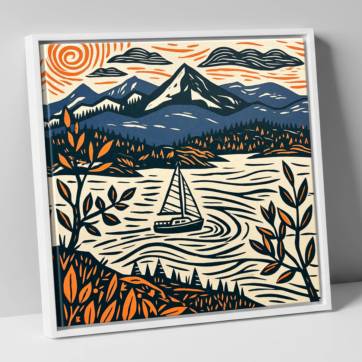 Navy and Orange Windermere Sailboat lake district lake canvas wall art in white frame