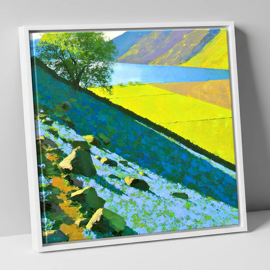 Vibrant Bluebell Slopes Crummock Water lake district lake canvas wall art in white frame