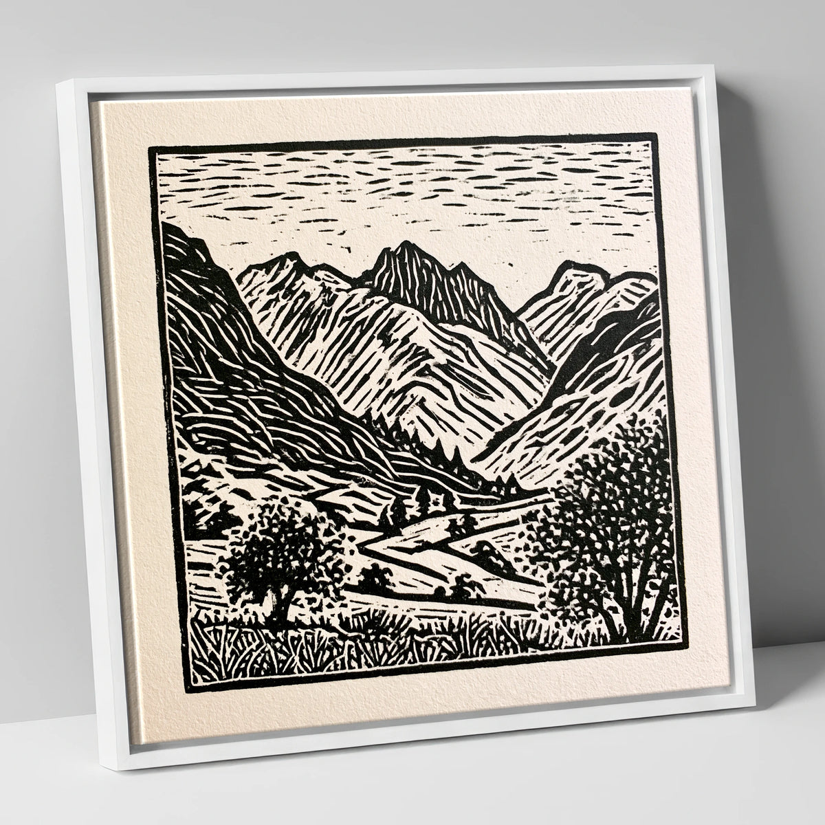 Eskdale Valley in Monochrome lake district valley canvas wall art in white frame