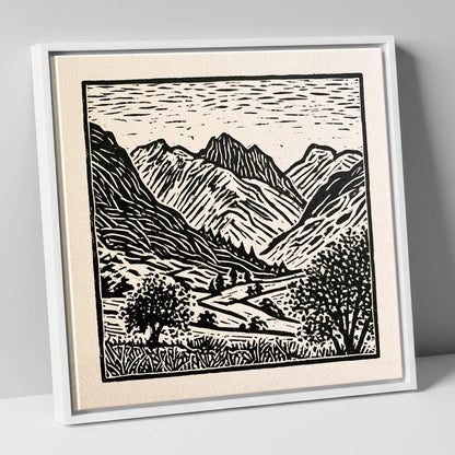Eskdale Valley in Monochrome lake district valley canvas wall art in white frame