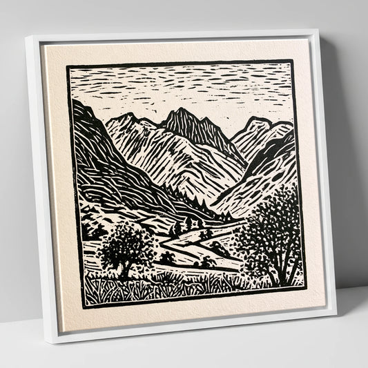 Eskdale Valley in Monochrome lake district valley canvas wall art in white frame