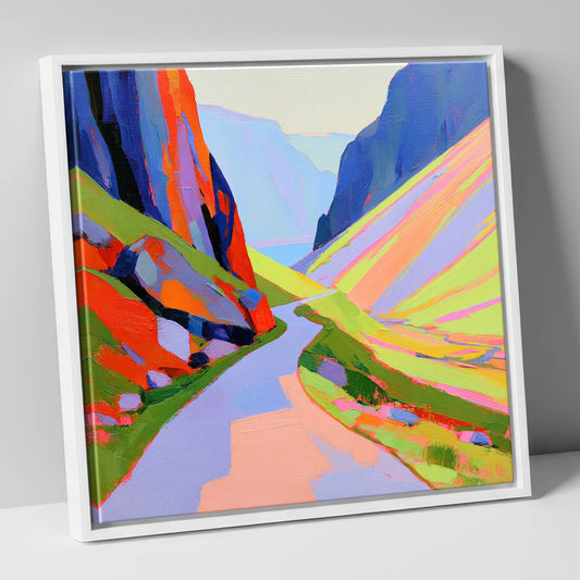 Winding Pass in Bold Hues lake district valley canvas wall art in white frame