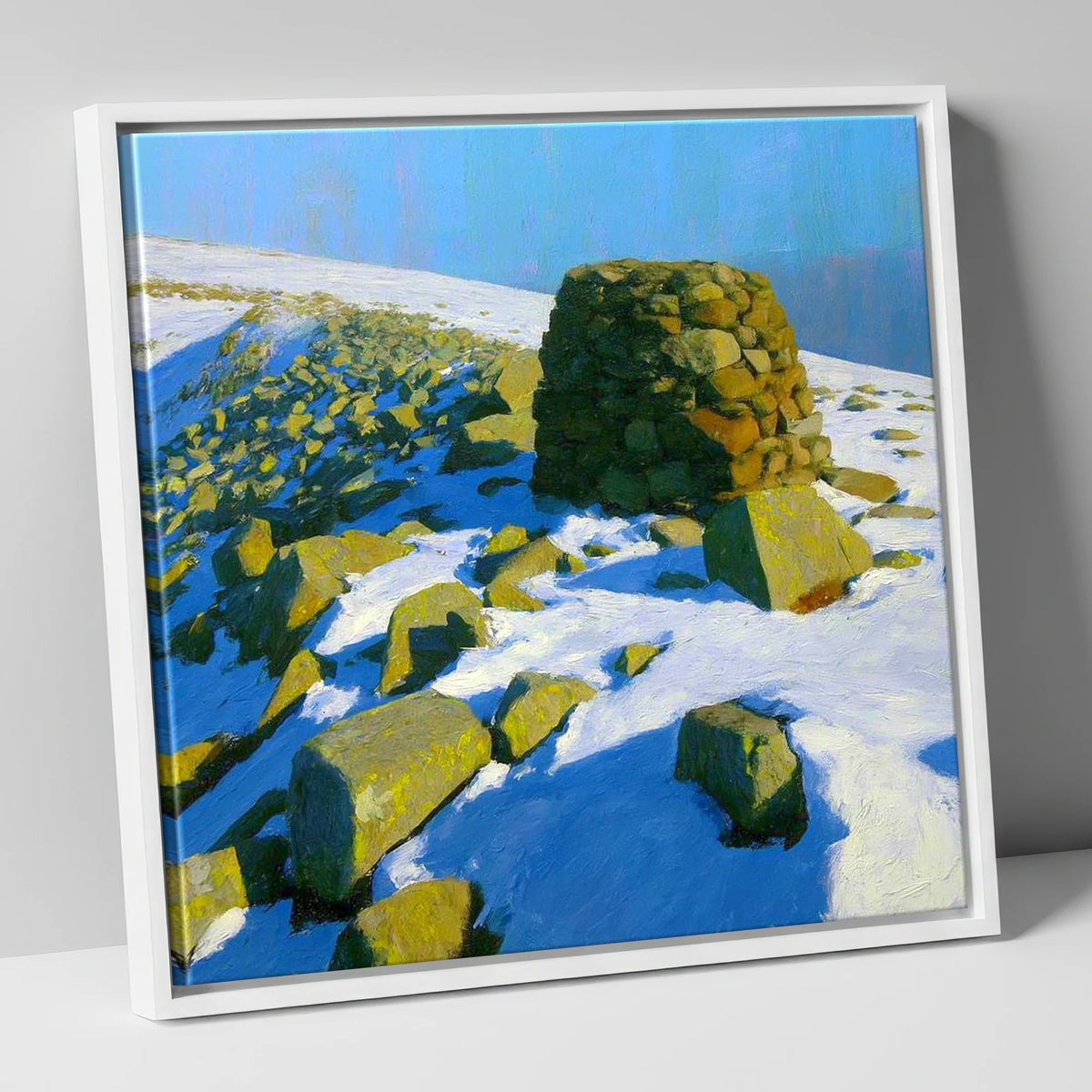 Stony Cove Pike Winter Cairn lake district fell canvas wall art in white frame