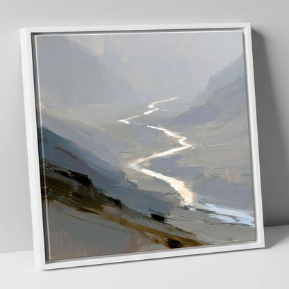 Winding River in Misty Valley lake district waterfall canvas wall art in white frame
