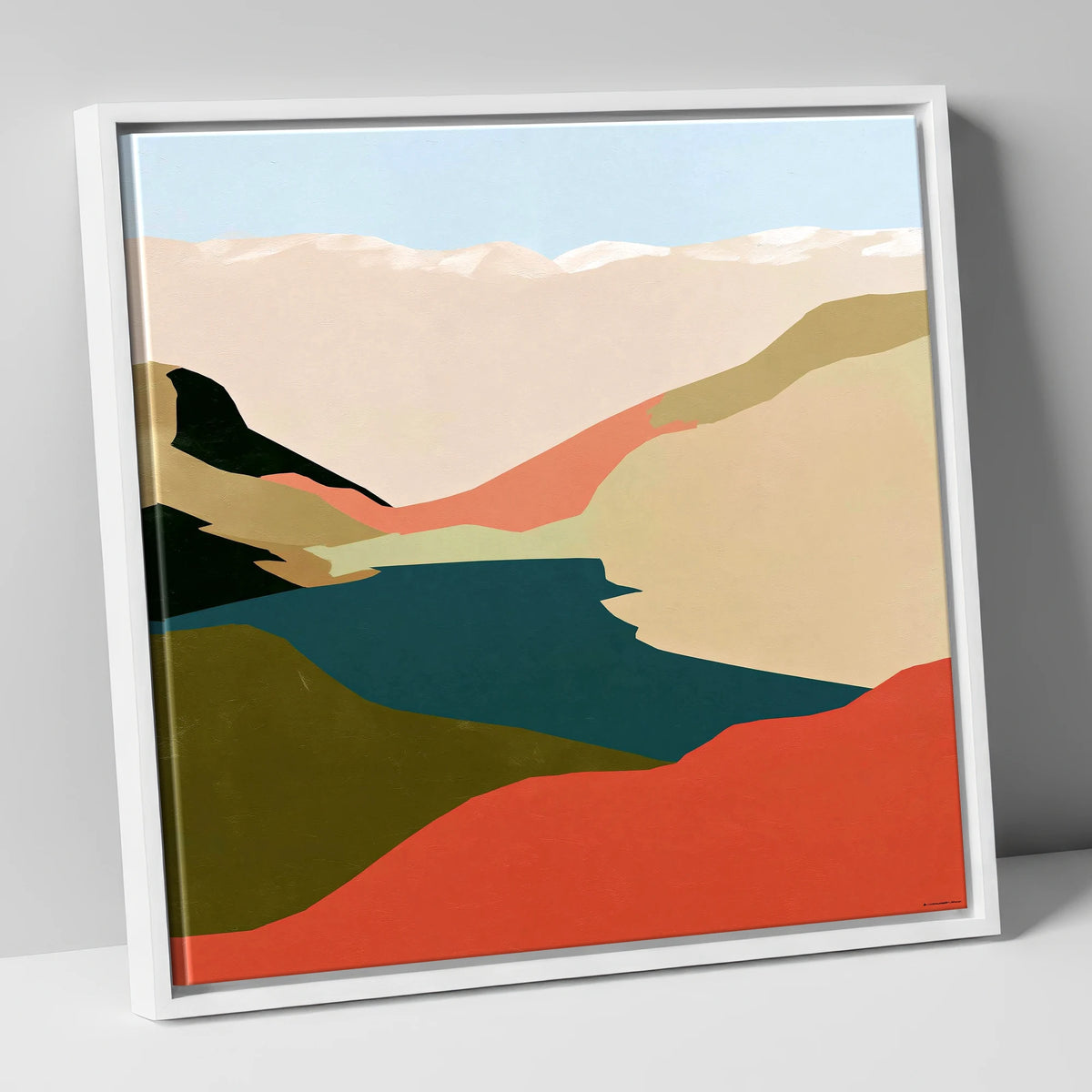 Easedale Tarn in Bold Terracotta lake district lake canvas wall art in white frame