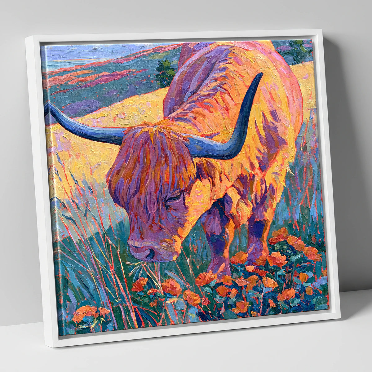 Vibrant Highland Cow Grazing the Fells lake district wildlife canvas wall art in white frame