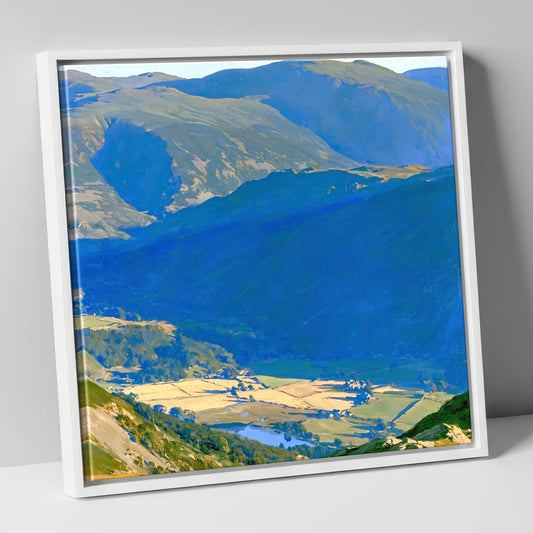 Sunlit Patterdale from Place Fell lake district village canvas wall art in white frame