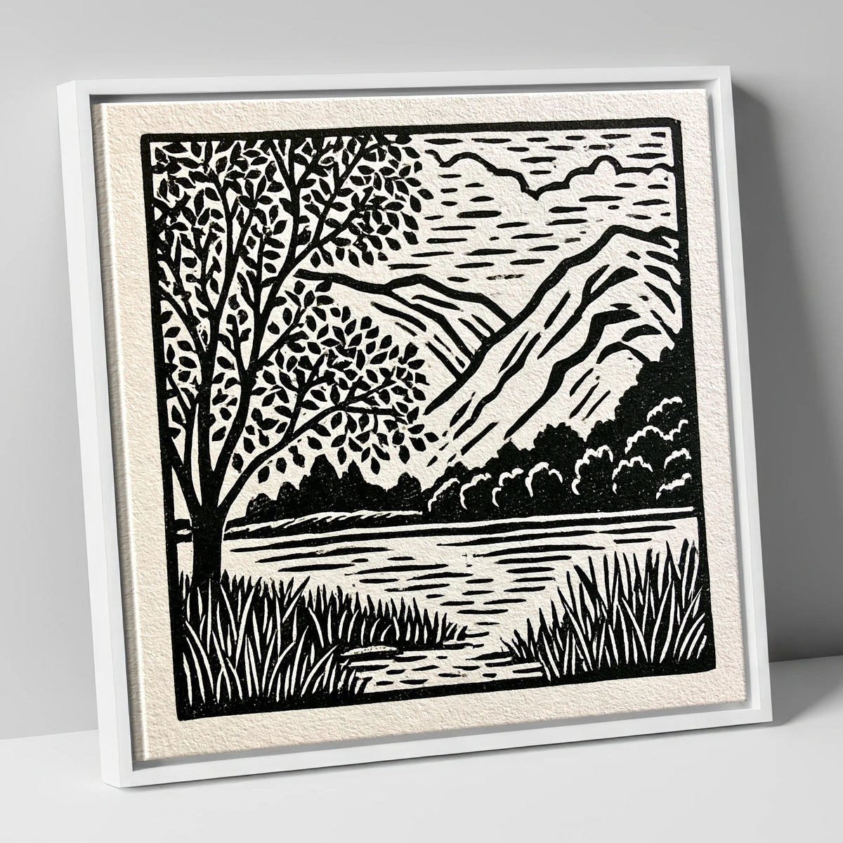 Monochrome Grasmere Water and Fells lake district lake canvas wall art in white frame