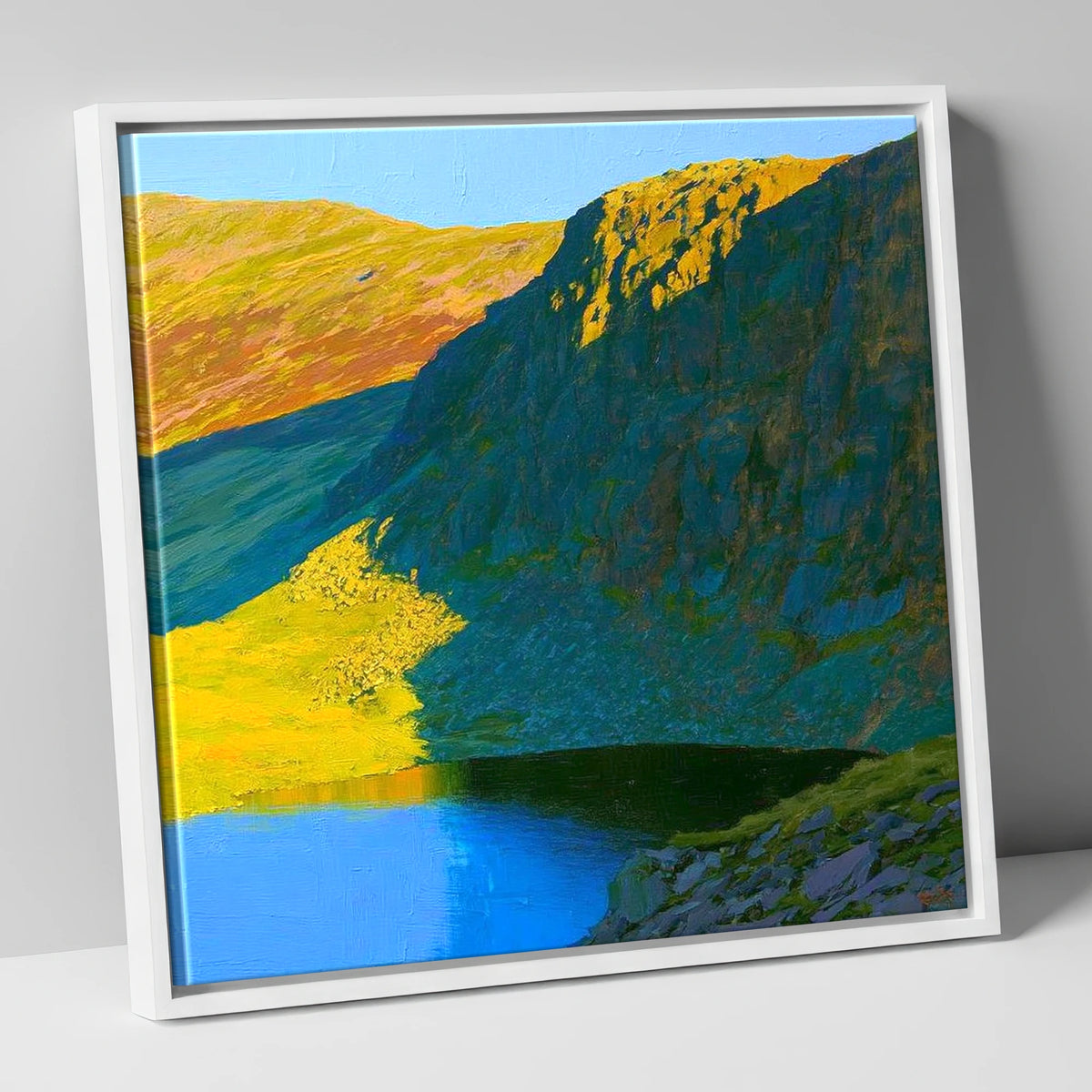 Vibrant Esk Pike and Tarn lake district fell canvas wall art in white frame