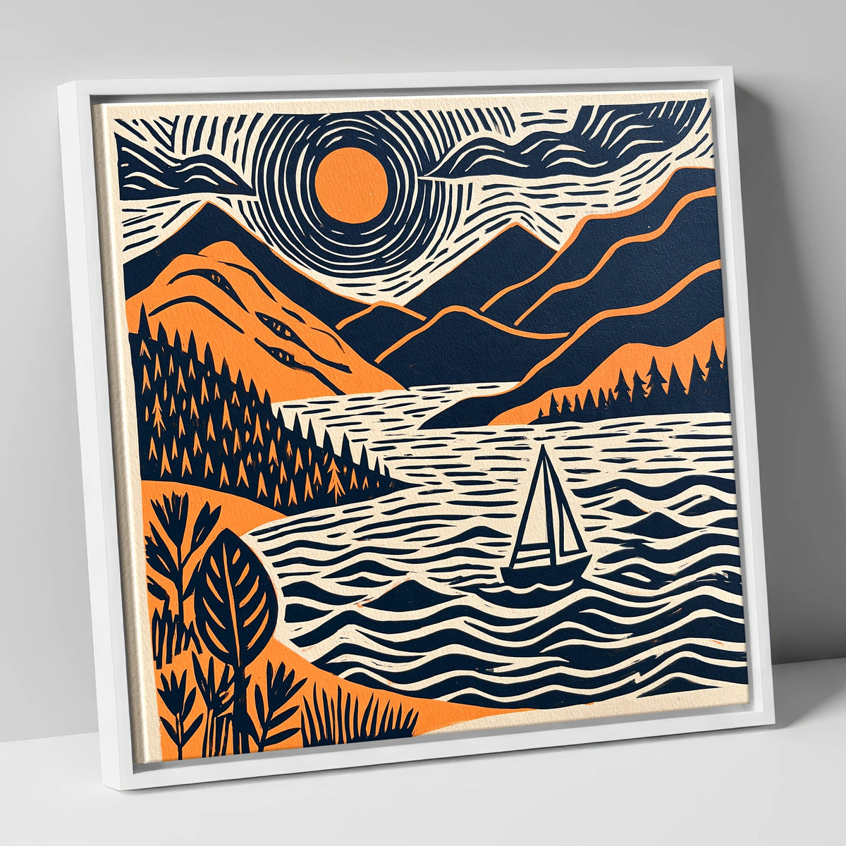Windermere Sailboat Beneath Radiating Sun lake district lake canvas wall art in white frame