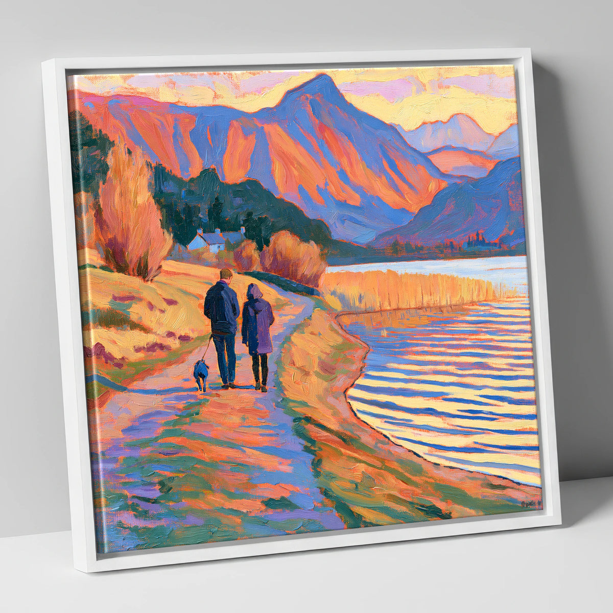 Vibrant Dog Walk at Hawkshead gifts for dog walkers canvas wall art in white frame