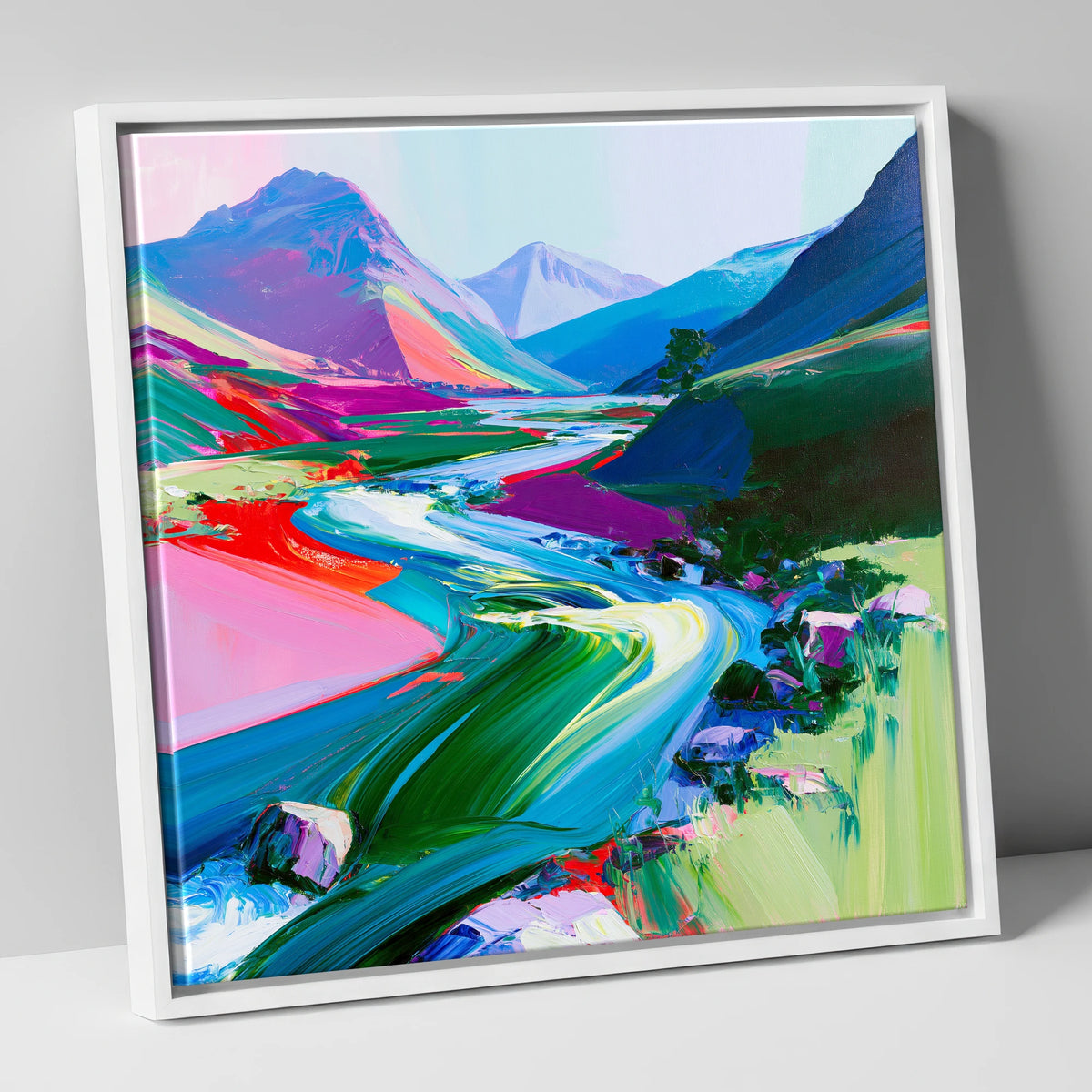 Colourful Rushing Fellside Beck lake district waterfall canvas wall art in white frame
