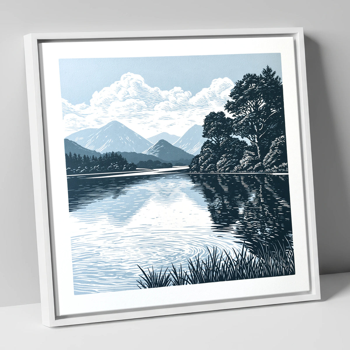 Navy Blue Lake Reflections lake district lake canvas wall art in white frame
