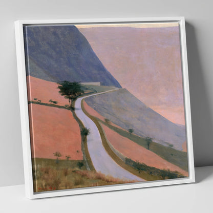 Winding Mountain Pass in Dusk Pink lake district valley canvas wall art in white frame