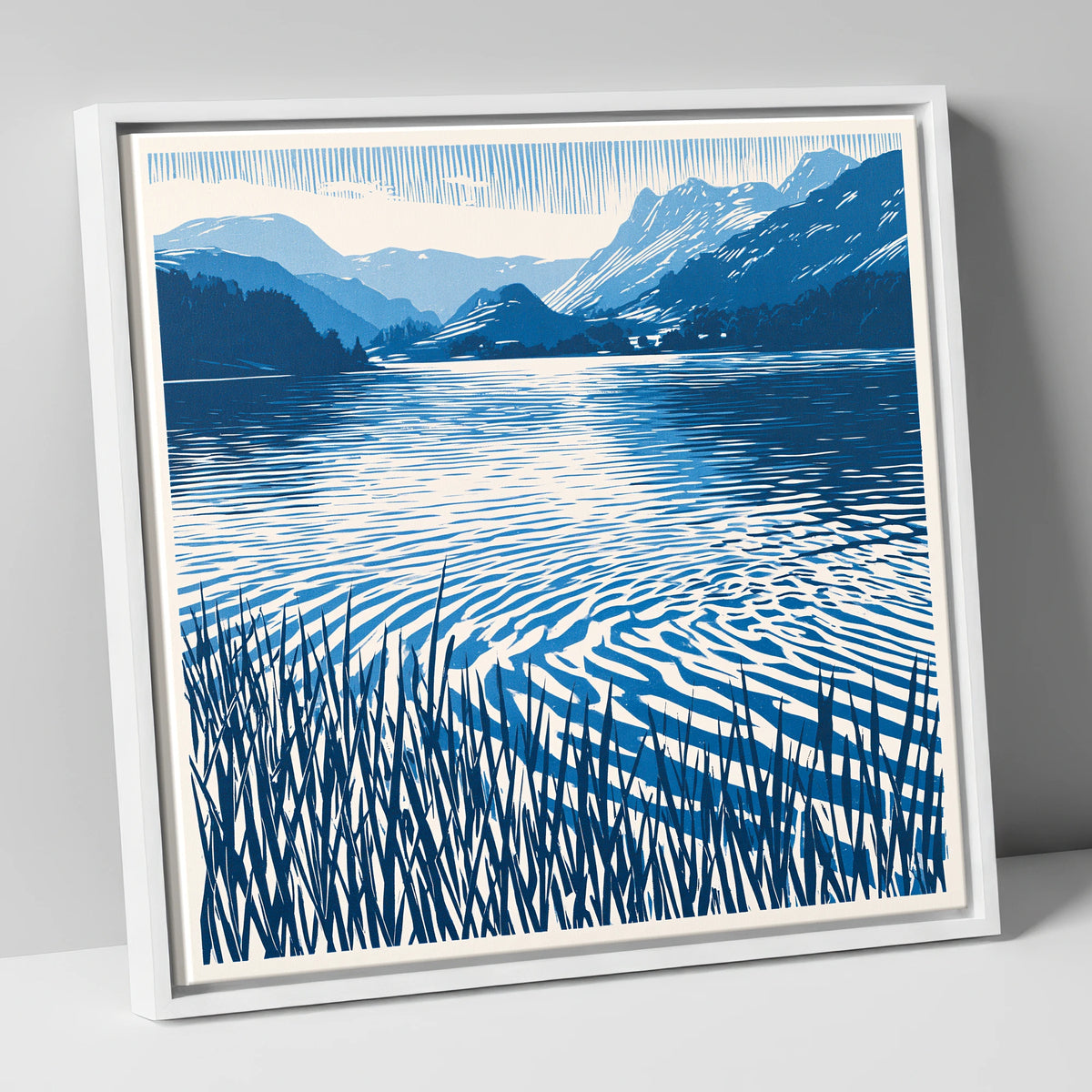 Cobalt Dawn Over the Lake lake district lake canvas wall art in white frame