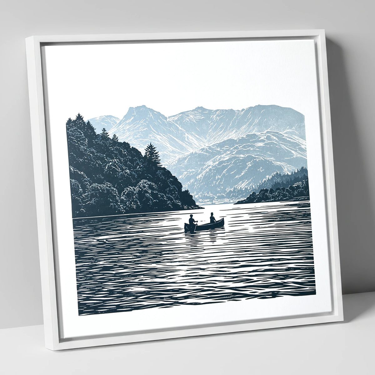 Windermere Canoe In Deep Blue lake district lake canvas wall art in white frame