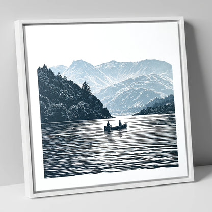 Windermere Canoe In Deep Blue lake district lake canvas wall art in white frame