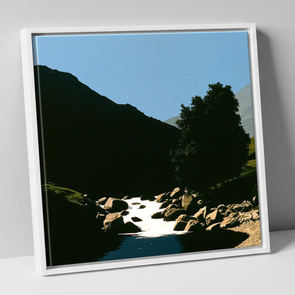 Sunlit Beck Beneath Dark Fell lake district waterfall canvas wall art in white frame