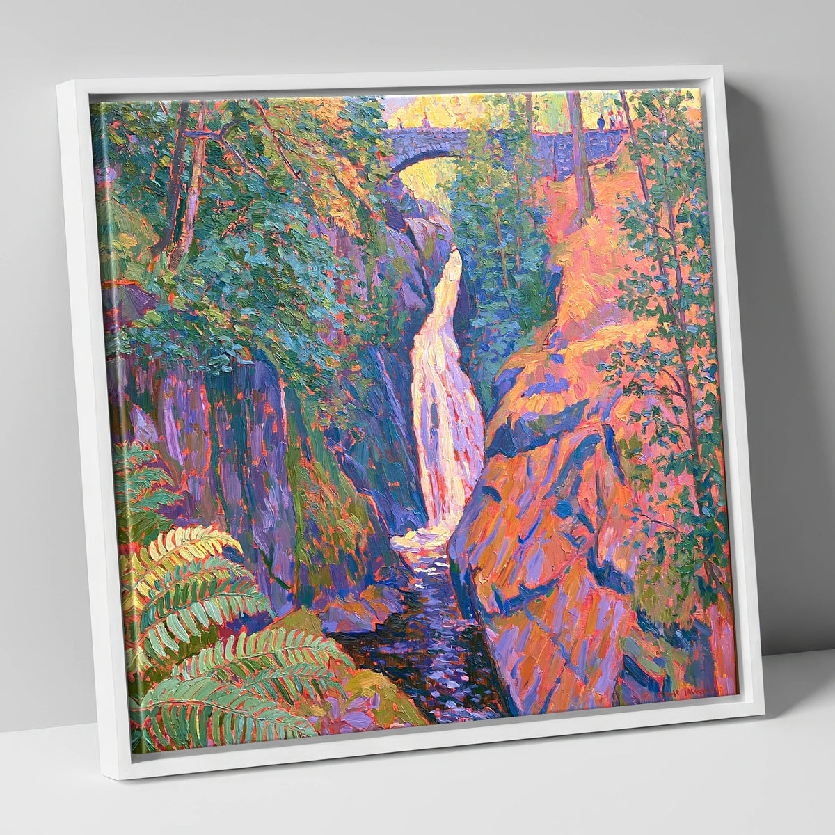 Vibrant Aira Force Waterfall lake district waterfall canvas wall art in white frame