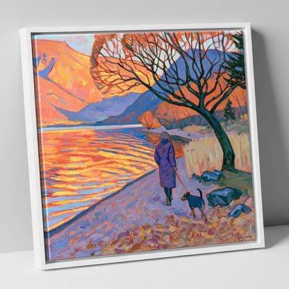 Sunset Dog Walk at Ullswater gifts for dog walkers canvas wall art in white frame