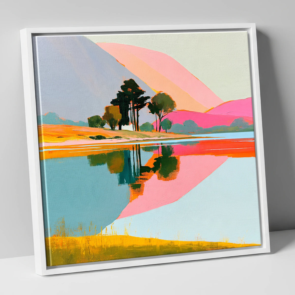 Pink Fells and Lake Reflections lake district lake canvas wall art in white frame