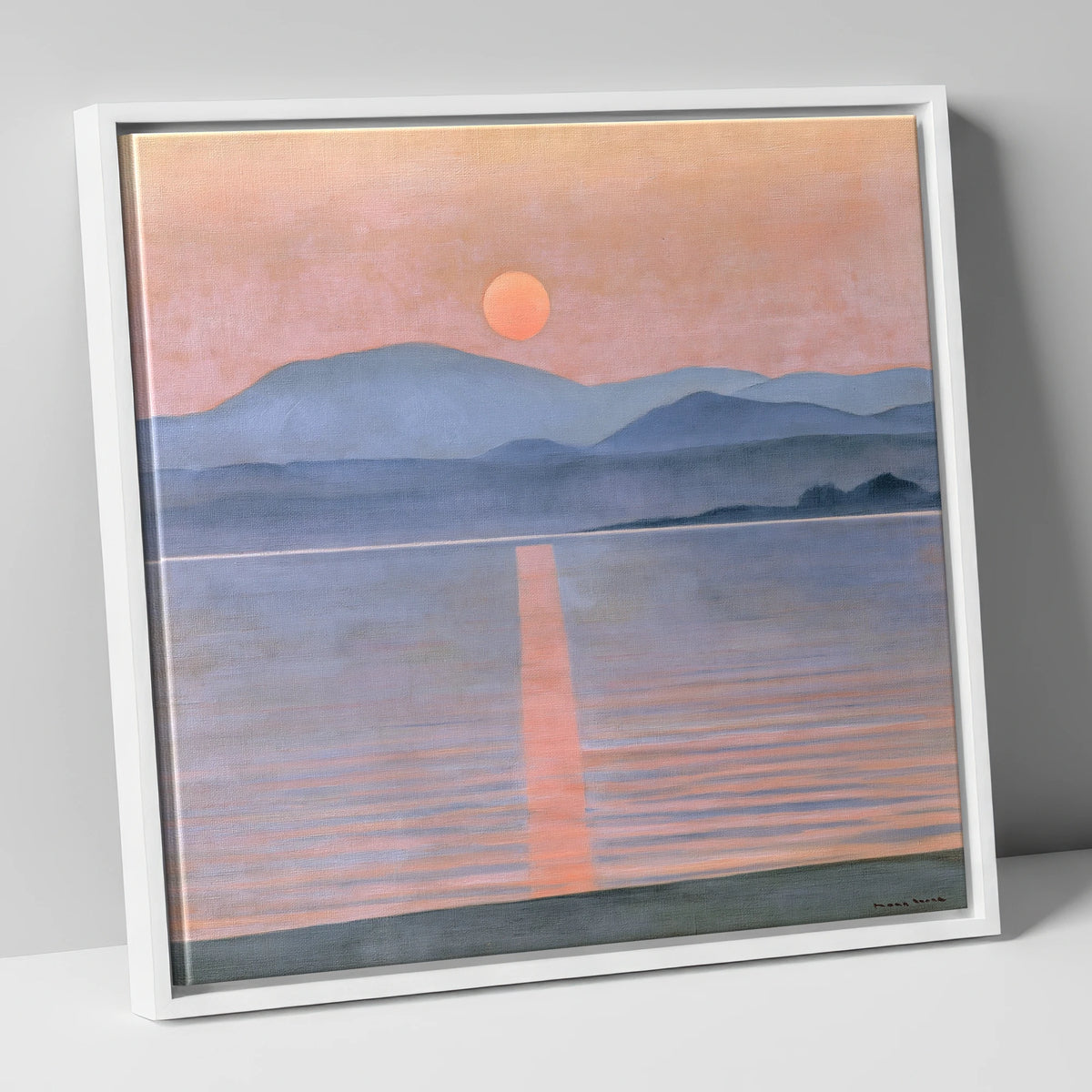 Lavender Sunset Over Slate Fells lake district lake canvas wall art in white frame