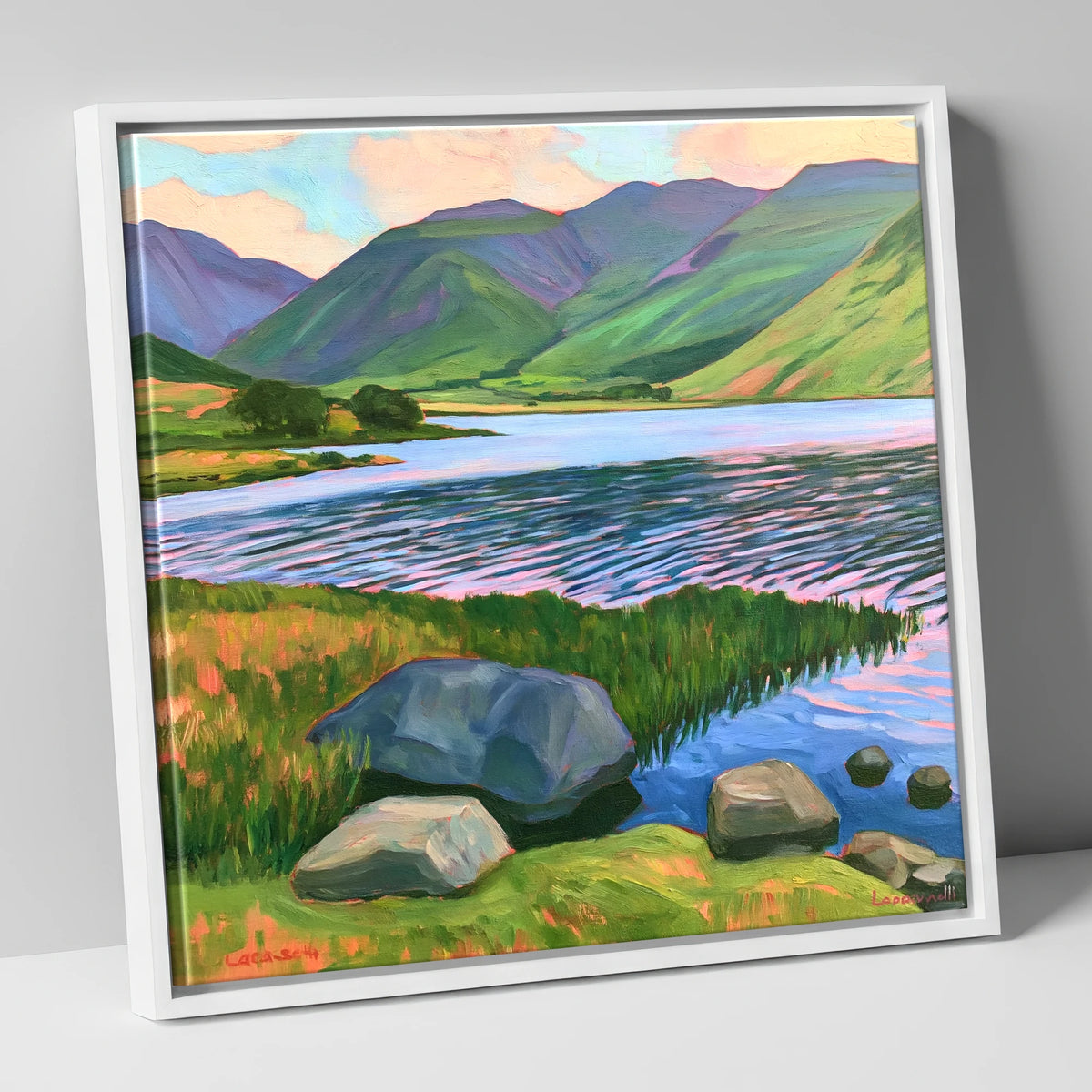 Sunset Ripples on the Lake lake district lake canvas wall art in white frame