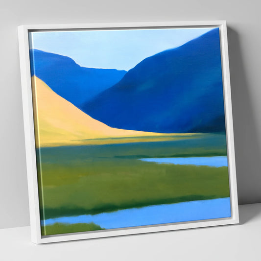 Blue Fells and Green Valley lake district valley canvas wall art in white frame