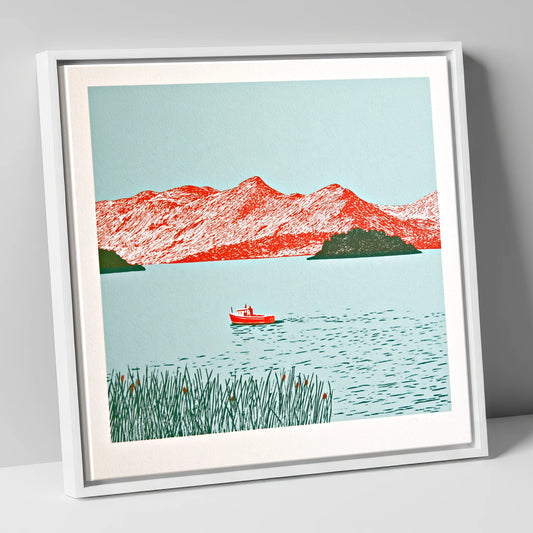 Derwentwater Fells in Vivid Red lake district lake canvas wall art in white frame