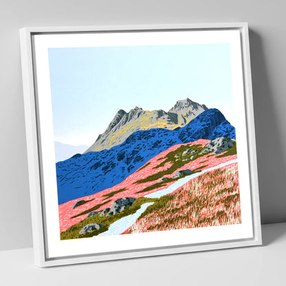 Langdale Pikes in Vivid Coral lake district fell canvas wall art in white frame