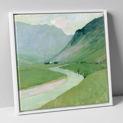 Winding River Below Pastel Fells lake district waterfall canvas wall art in white frame