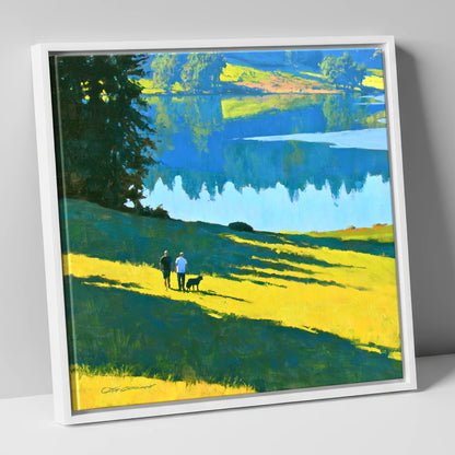 Sunlit Dog Walkers at Tarn Hows gifts for dog walkers canvas wall art in white frame