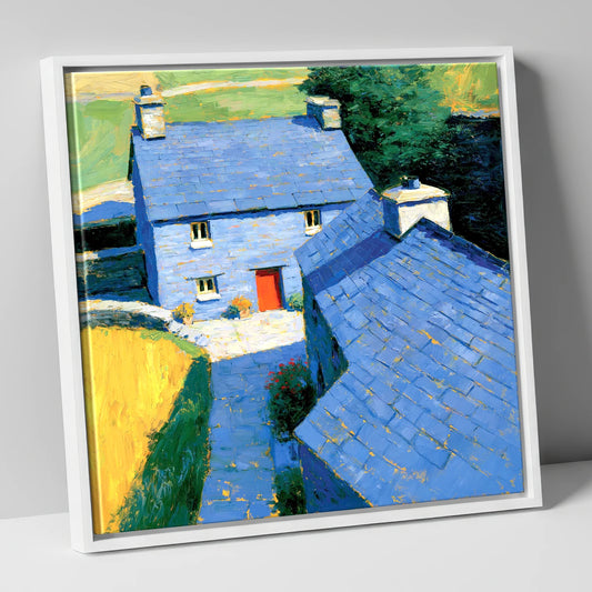 Vibrant Blue Slate Cottages lake district village canvas wall art in white frame