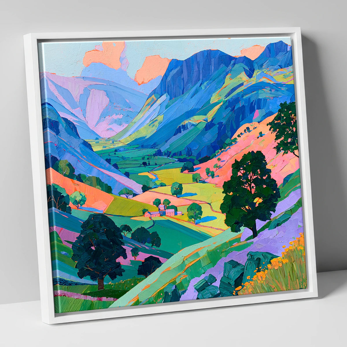 Vibrant Valley Between Blue Fells lake district valley canvas wall art in white frame