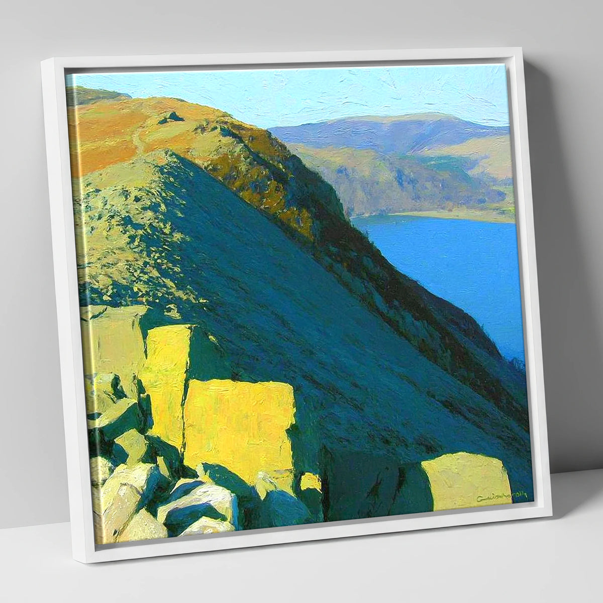 Sunlight on St Sunday Crag lake district fell canvas wall art in white frame