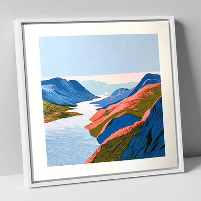 Vibrant Summit View Over the Lake lake district fell canvas wall art in white frame