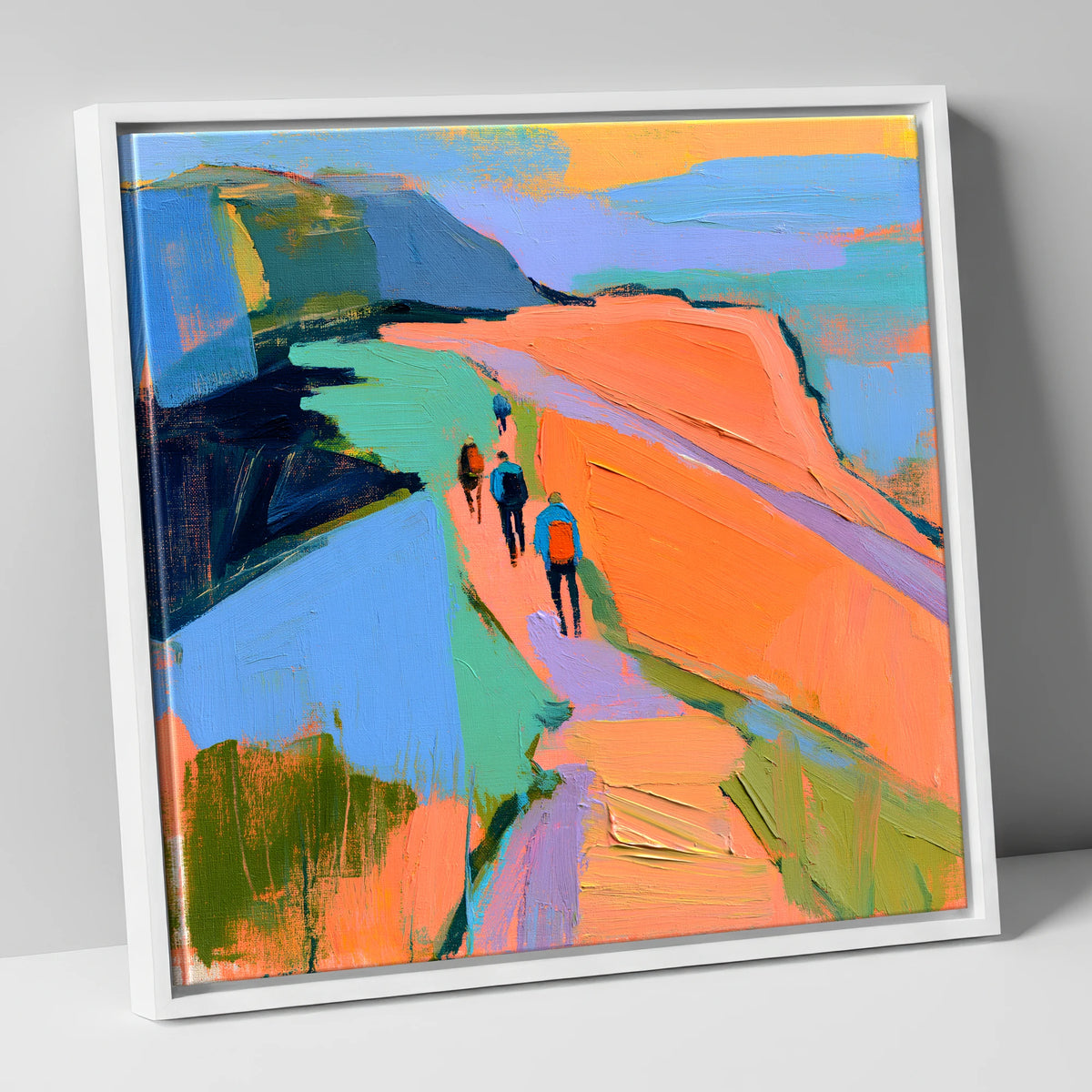 Walkers on Bright Mountain Path lake district walking canvas wall art in white frame
