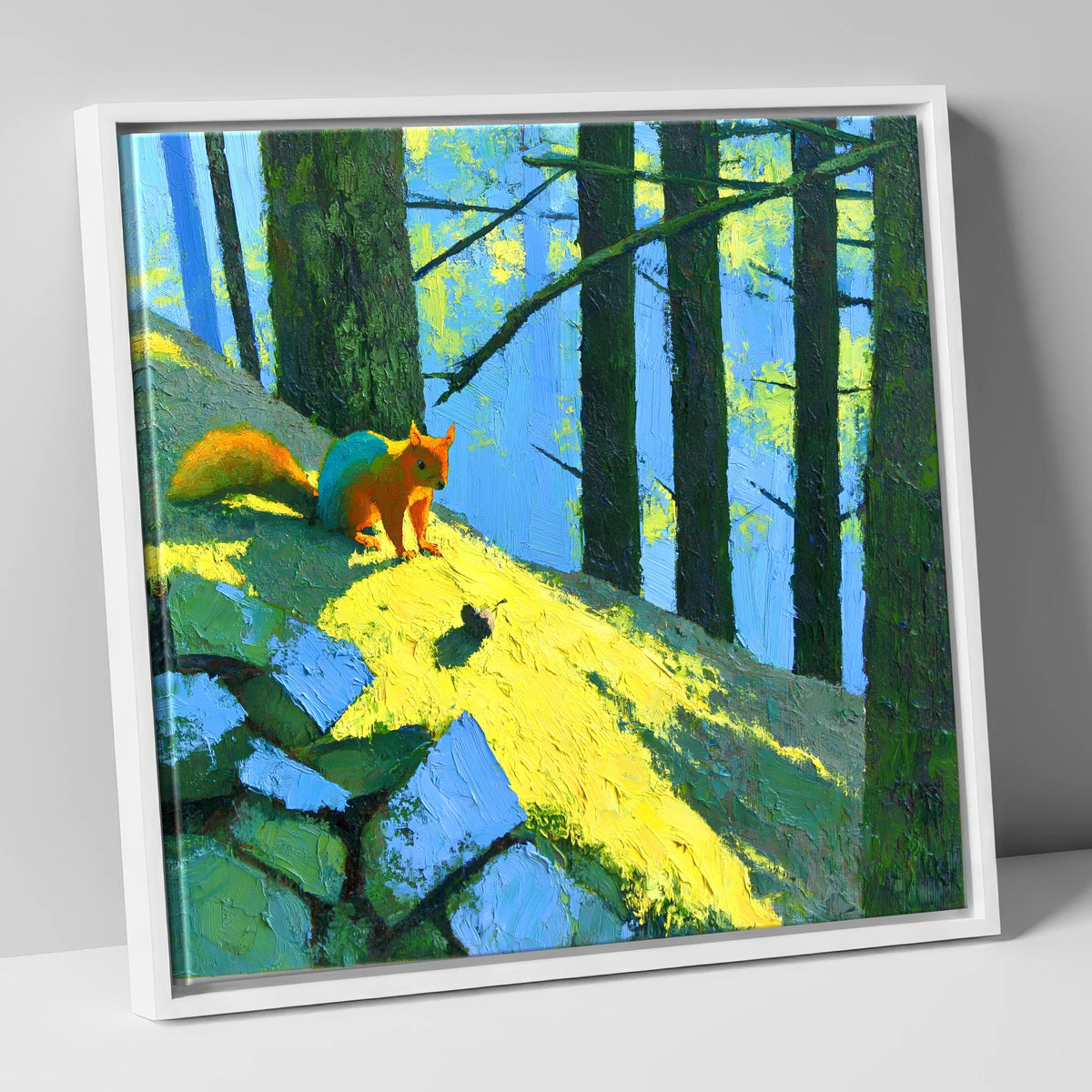 Red Squirrel in Sunlit Woodland lake district wildlife canvas wall art in white frame
