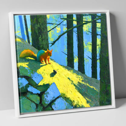 Red Squirrel in Sunlit Woodland lake district wildlife canvas wall art in white frame