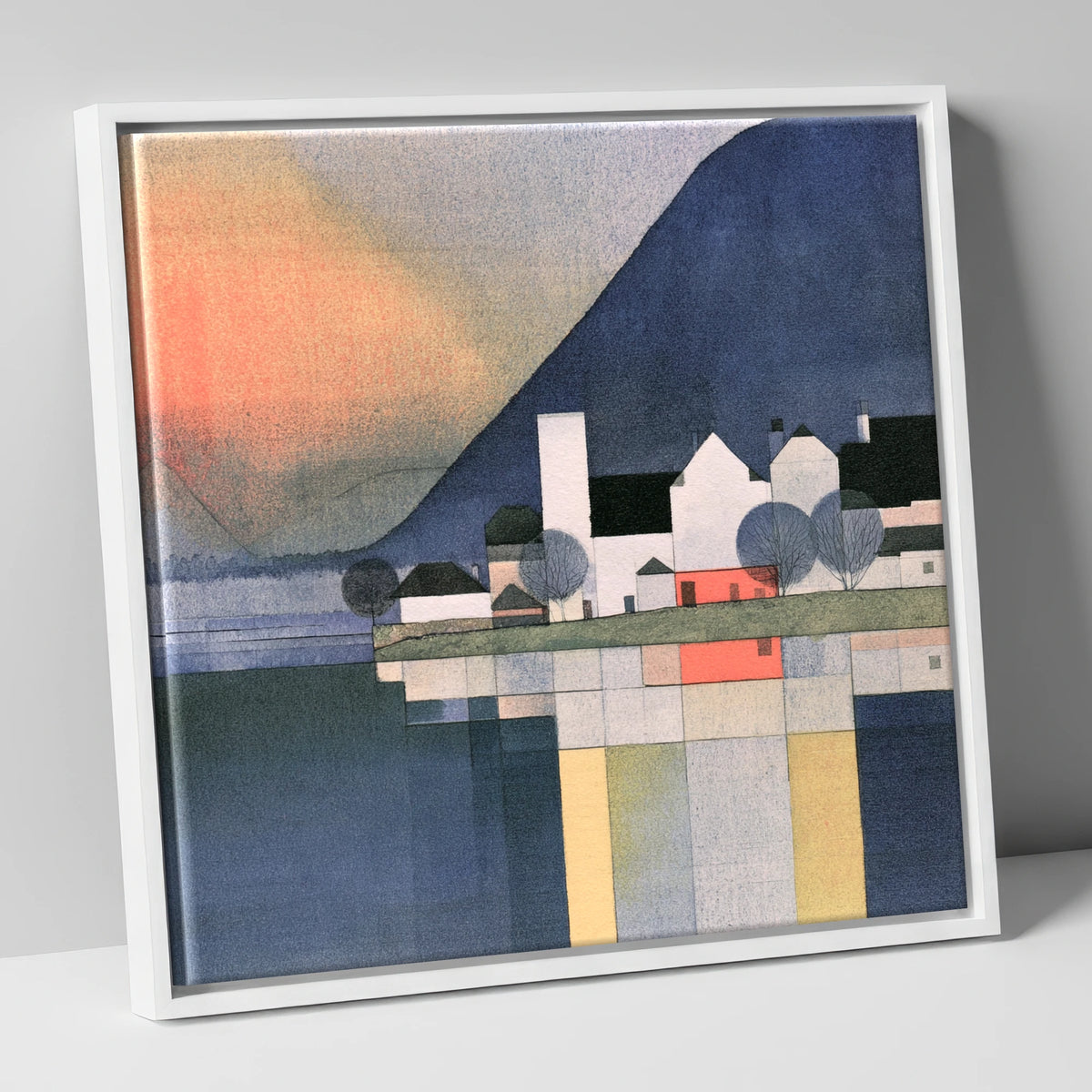 Lakeside Village Geometric Reflections lake district village canvas wall art in white frame