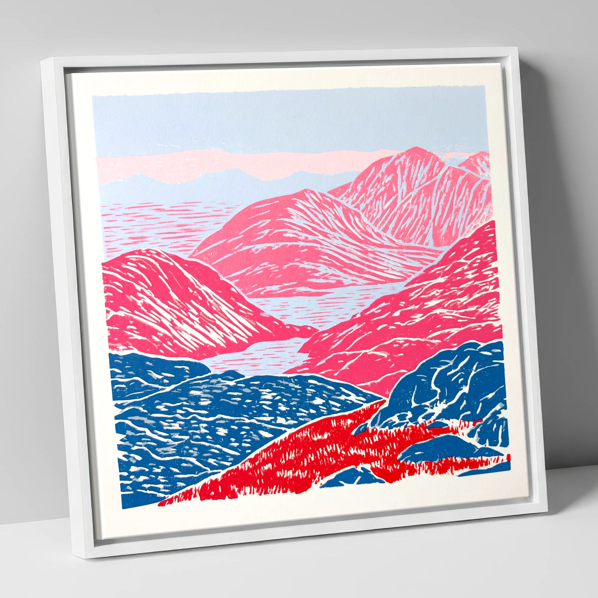 Cobalt and Crimson Summit View lake district fell canvas wall art in white frame
