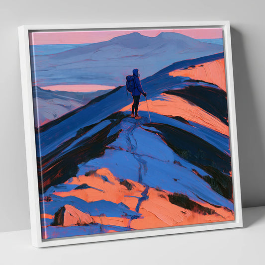 Vibrant Skiddaw Summit Ridge Walker lake district fell canvas wall art in white frame