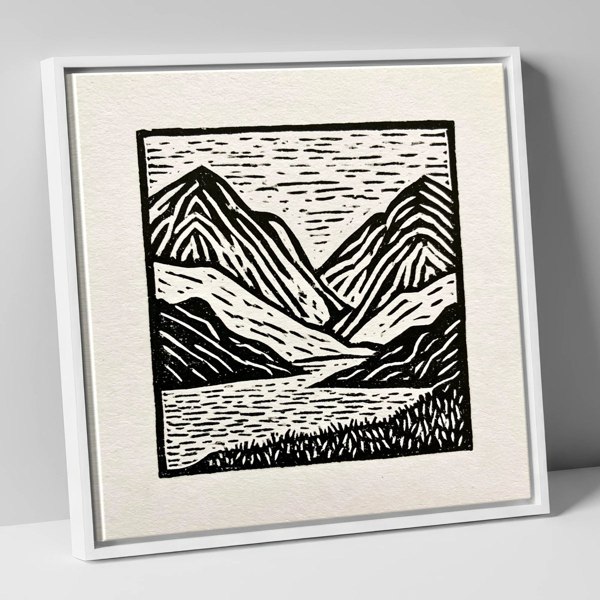 Lake and Fells in Monochrome lake district lake canvas wall art in white frame