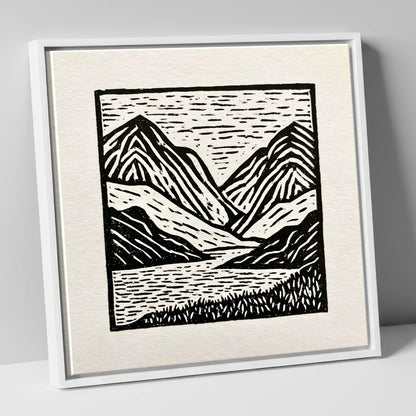 Lake and Fells in Monochrome lake district lake canvas wall art in white frame
